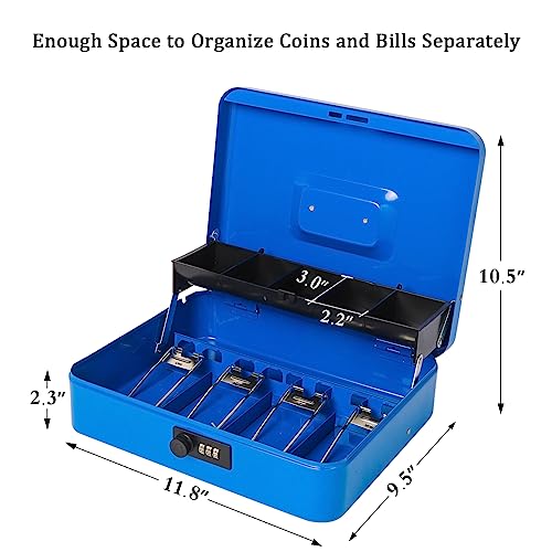 Jssmst Large Locking Cash Box with Money Tray, Metal Money Box with Combination Lock, Code Lock Box Blue Money Safe, SM-CB02305XL - Image 2