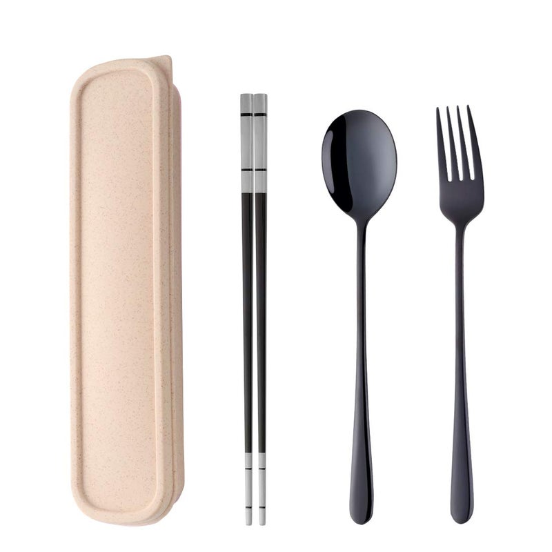 DOBUYOO 3 PCS Outdoor Flatware Set Fork Spoon ChopsticksTravel Flatware Set with a Case