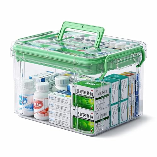 KREPS Clear Plastic Medicine Storage Box Organizer, Family Emergency Kit with Removable Pill Case Portable Lockable Container for Medicine, Art Craft and Cosmetic Household Organizer (Large, Green) - Image 1