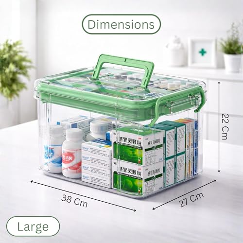 KREPS Clear Plastic Medicine Storage Box Organizer, Family Emergency Kit with Removable Pill Case Portable Lockable Container for Medicine, Art Craft and Cosmetic Household Organizer (Large, Green) - Image 2
