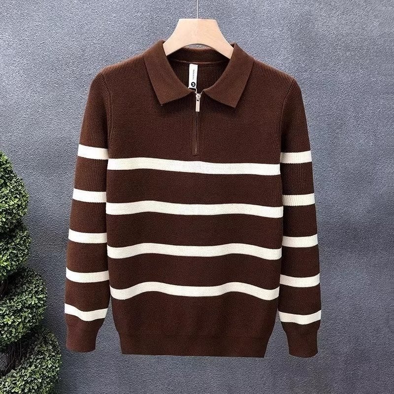 Black Striped Lapel Sweater Men'S High Street Half Zipper Design Pullover Sweater Design Sense Top A Generation Of Hair - Image 4
