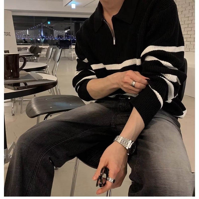 Black Striped Lapel Sweater Men'S High Street Half Zipper Design Pullover Sweater Design Sense Top A Generation Of Hair - Image 5