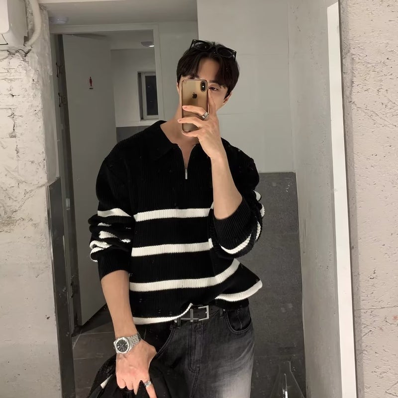 Black Striped Lapel Sweater Men'S High Street Half Zipper Design Pullover Sweater Design Sense Top A Generation Of Hair - Image 2