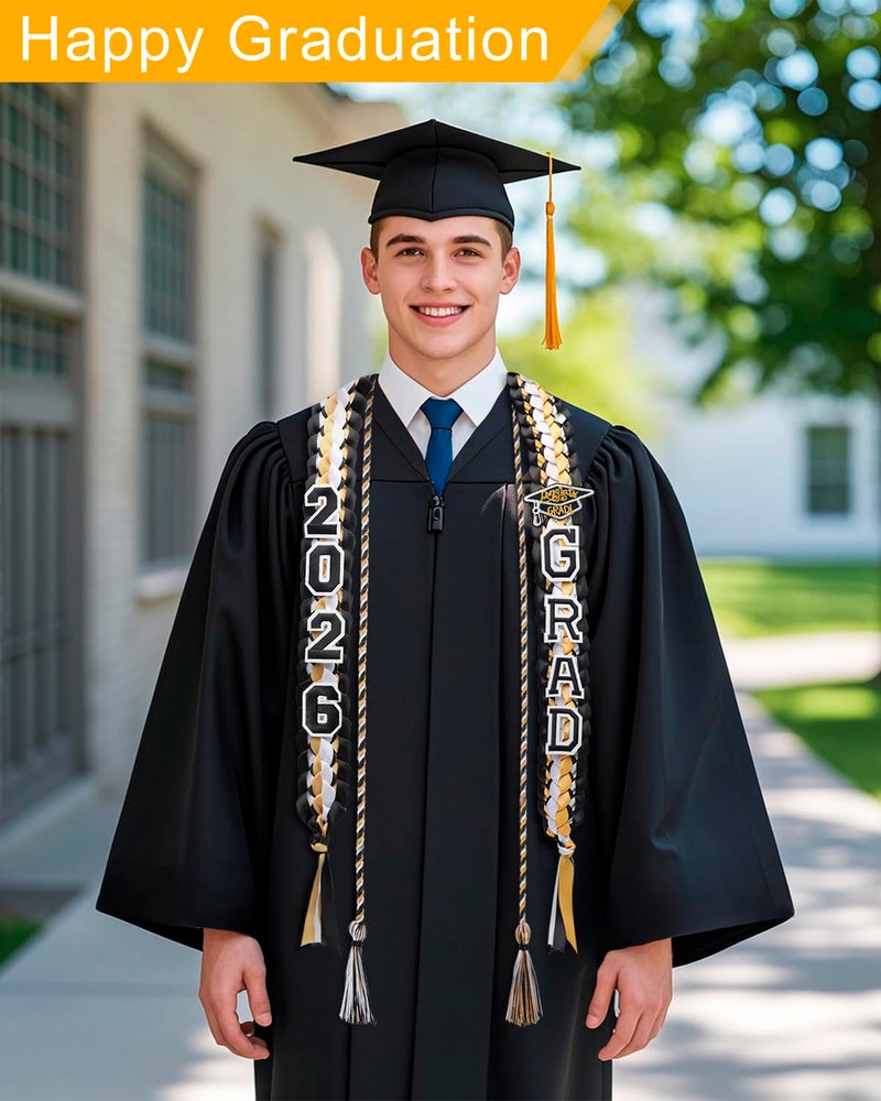 Yigney Graduation Lei Set Class of 2026 Grad Ribbon Leis with Honor Cord Double Braided Graduate Leis for Men Women Black Gold White - Image 5