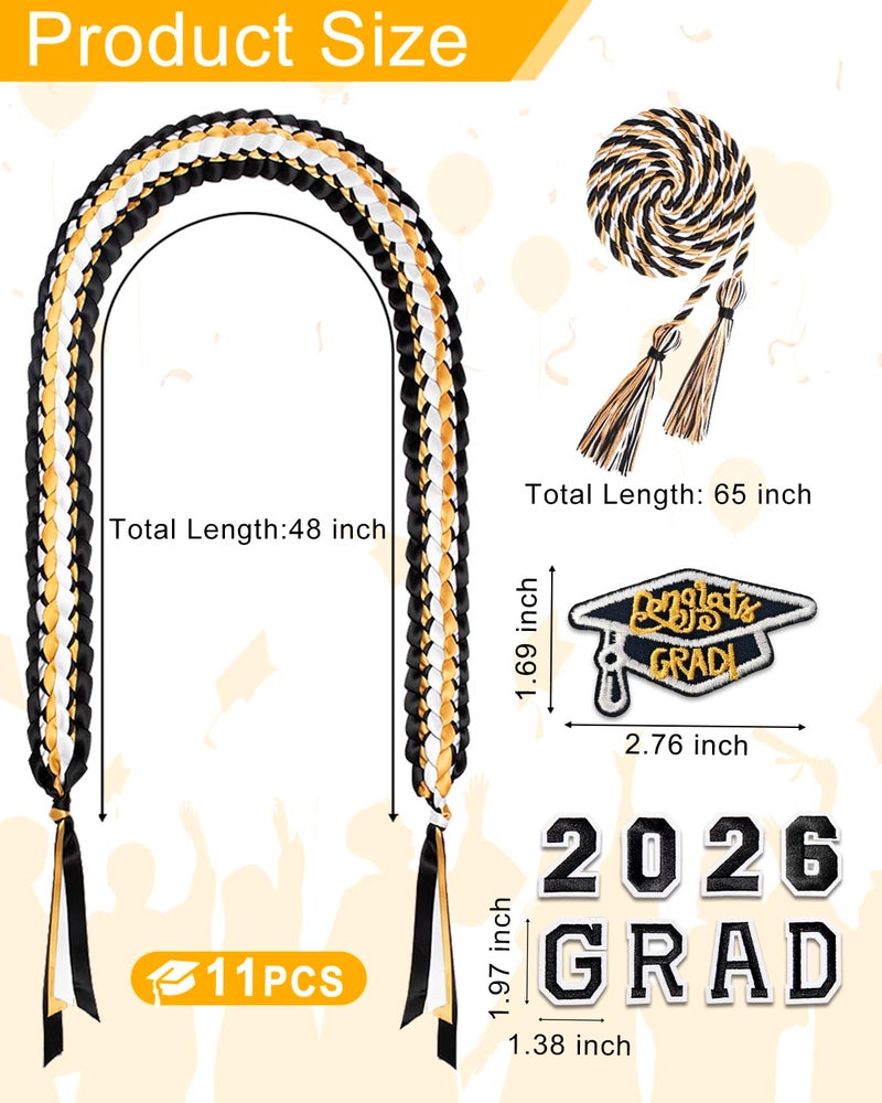 Yigney Graduation Lei Set Class of 2026 Grad Ribbon Leis with Honor Cord Double Braided Graduate Leis for Men Women Black Gold White - Image 2