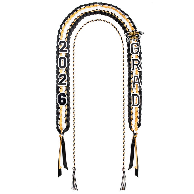 Yigney Graduation Lei Set Class of 2026 Grad Ribbon Leis with Honor Cord Double Braided Graduate Leis for Men Women Black Gold White - Image 1