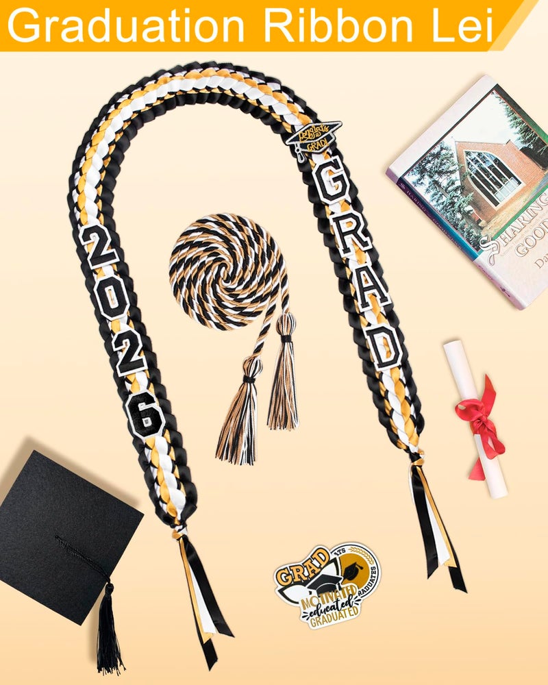Yigney Graduation Lei Set Class of 2026 Grad Ribbon Leis with Honor Cord Double Braided Graduate Leis for Men Women Black Gold White - Image 4