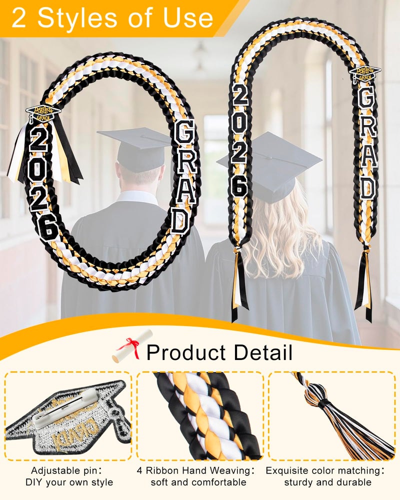 Yigney Graduation Lei Set Class of 2026 Grad Ribbon Leis with Honor Cord Double Braided Graduate Leis for Men Women Black Gold White - Image 3