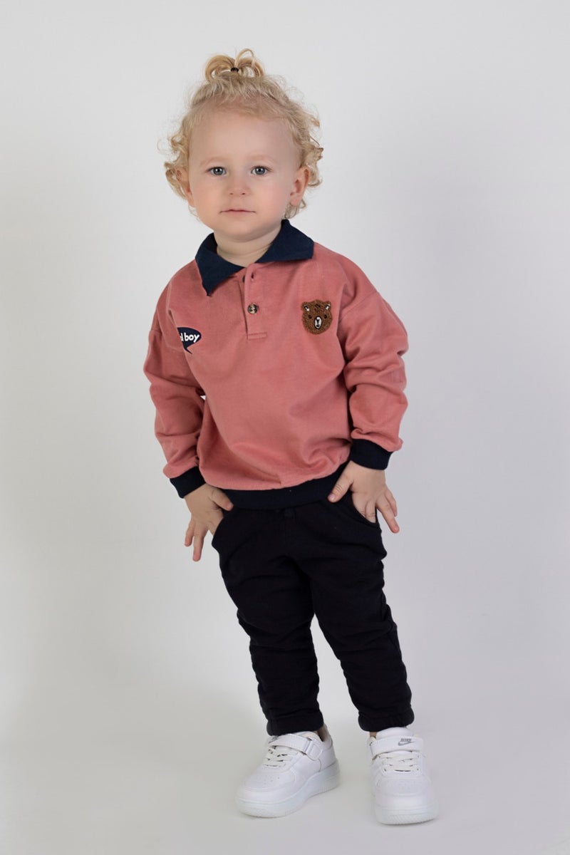 Harika Kids Baby Boy Child Two Yarn Fabric Medium Thickness Polo Collar Knitted Basic Bottom Top Tracksuit Set  - Image 1