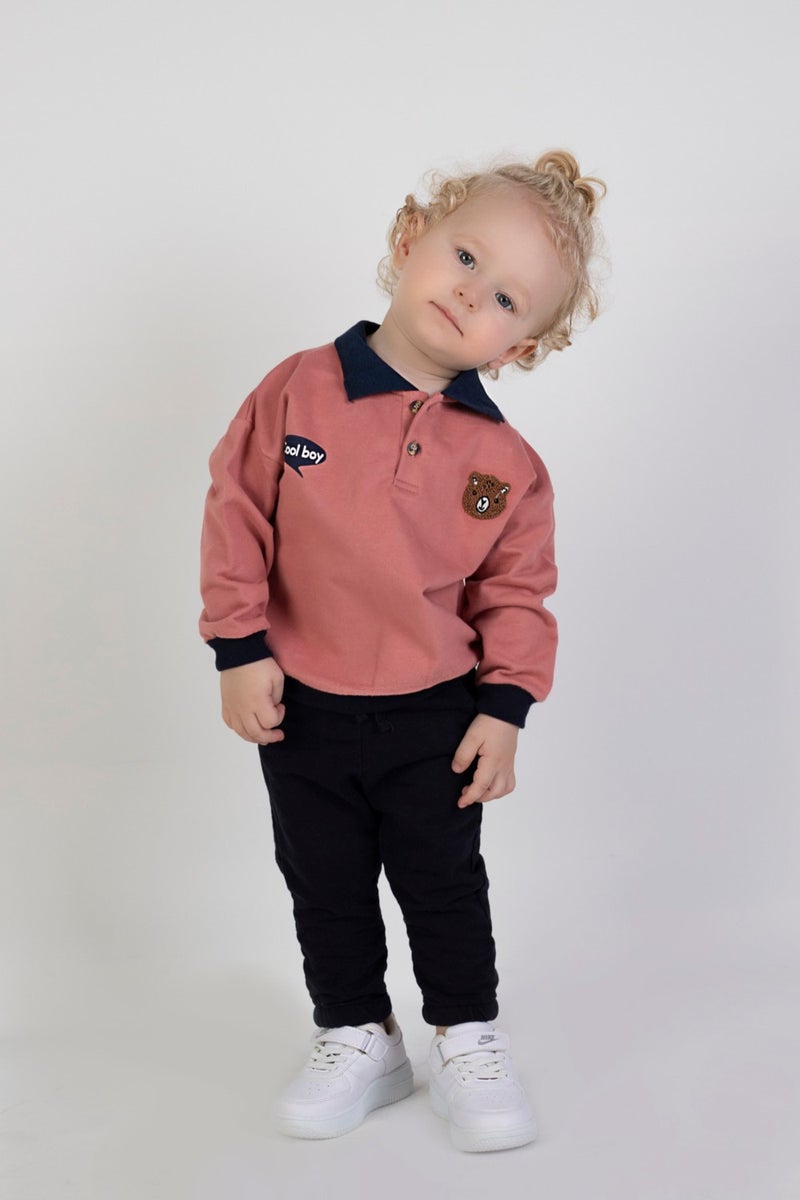 Harika Kids Baby Boy Child Two Yarn Fabric Medium Thickness Polo Collar Knitted Basic Bottom Top Tracksuit Set  - Image 3