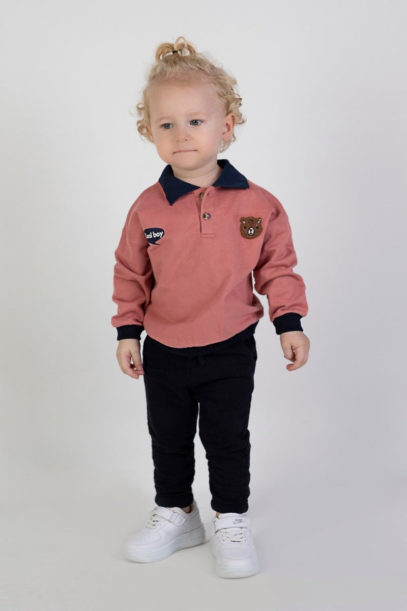 Harika Kids Baby Boy Child Two Yarn Fabric Medium Thickness Polo Collar Knitted Basic Bottom Top Tracksuit Set  - Image 4