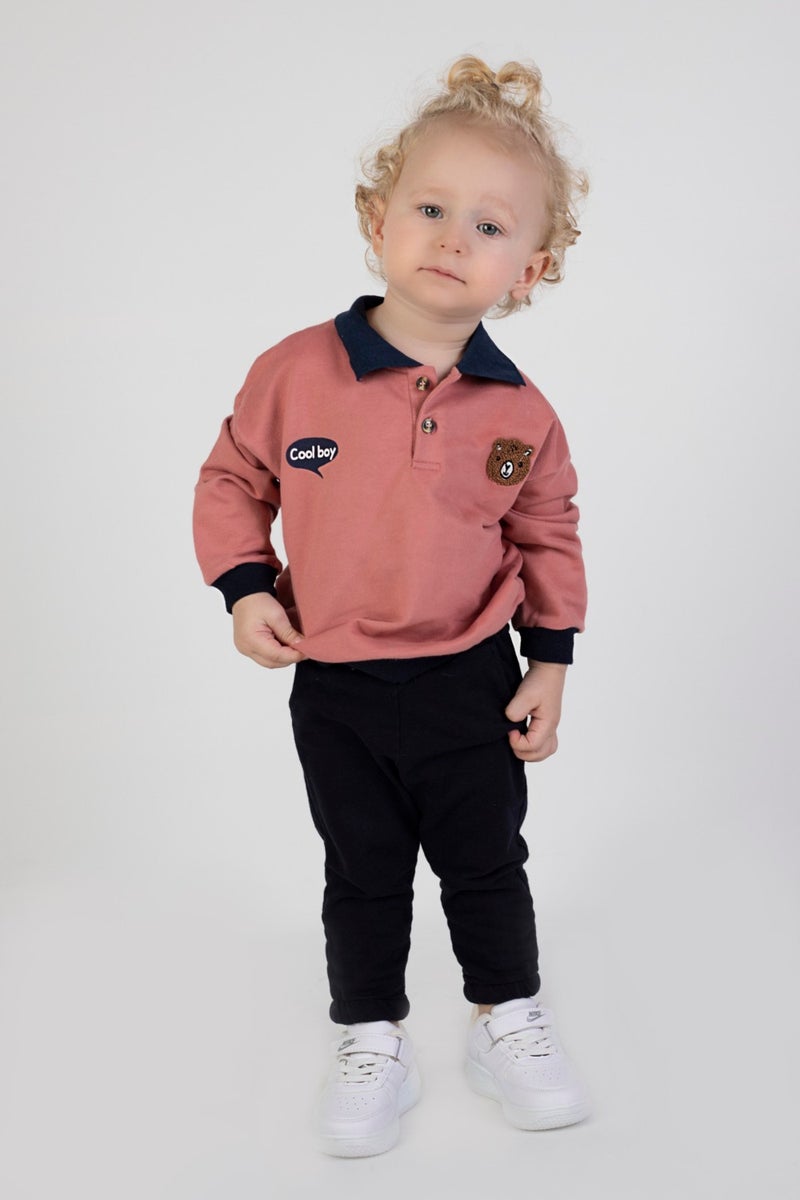 Harika Kids Baby Boy Child Two Yarn Fabric Medium Thickness Polo Collar Knitted Basic Bottom Top Tracksuit Set  - Image 2