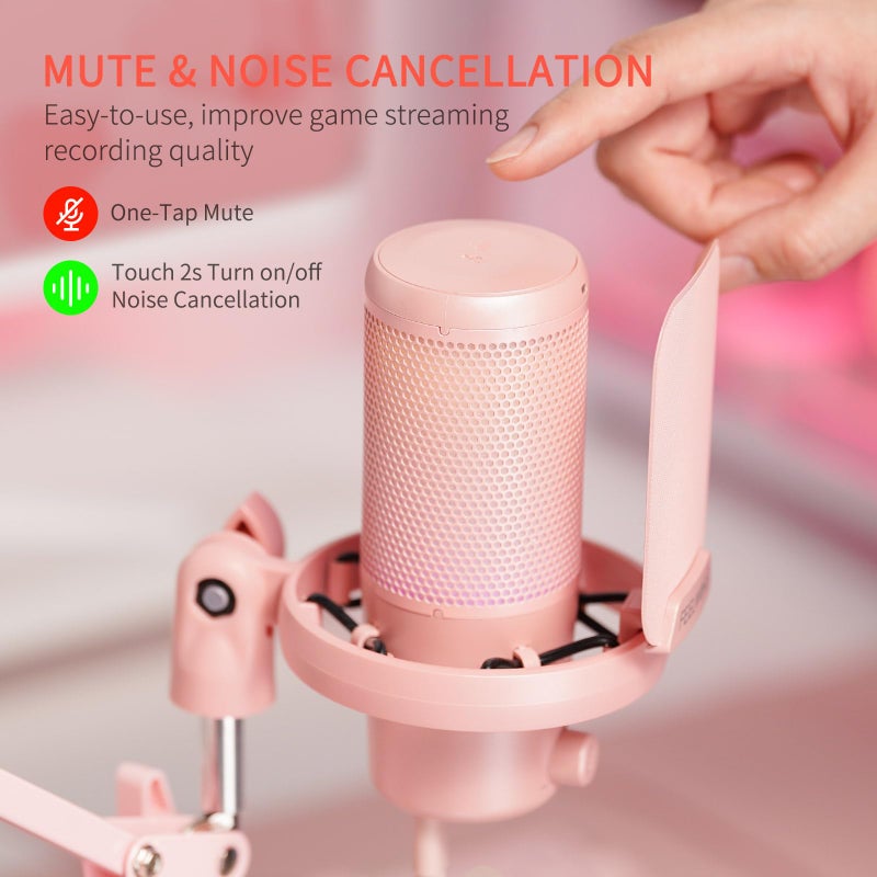 FEELWORLD VM1 Pink Gaming PC USB Microphone Condenser Mic with Noise Cancellation Mute RGB Light, Computer Accessories Gifts for Gamer YouTube Twitch Podcast Streaming Recording Online Chat PS4 PS5 - Image 2