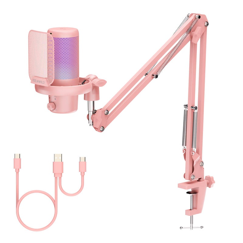 FEELWORLD VM1 Pink Gaming PC USB Microphone Condenser Mic with Noise Cancellation Mute RGB Light, Computer Accessories Gifts for Gamer YouTube Twitch Podcast Streaming Recording Online Chat PS4 PS5 - Image 1