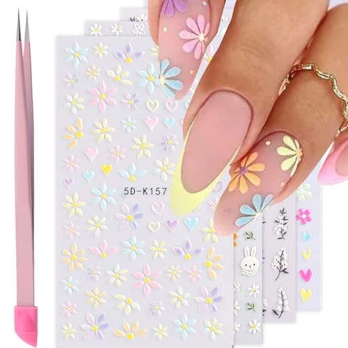 VOTACOS Flower Nail Art Stickers - 5D Embossed, Spring/Summer Daisy Designs, Self-Adhesive Decals for Women's Nail DIY Decoration - Image 1
