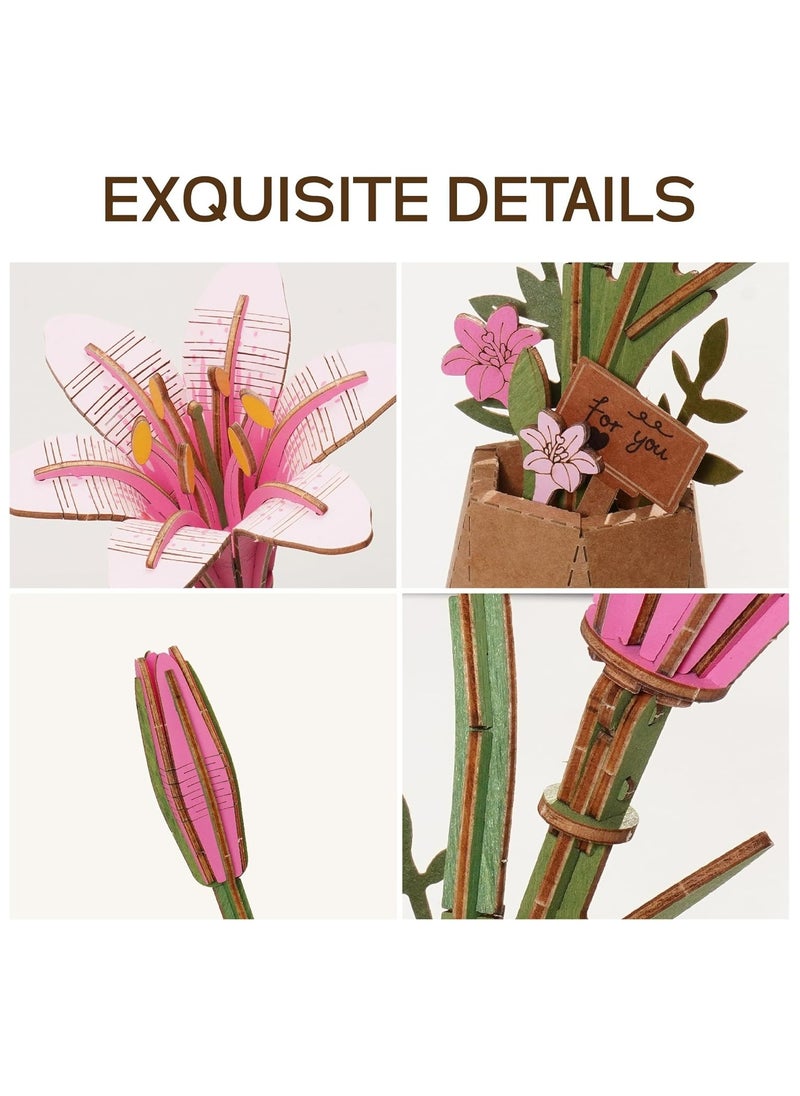 Robotime Rowood DIY Wooden Flower Pink Lily TW071 Premium 3D Puzzle Building Kits for Adults & Teens - Decorative Home Décor, Ramadan & Holiday Gift (Eid and Birthday) for Puzzle Enthusiasts, Stress Relief STEM Project  - Image 2