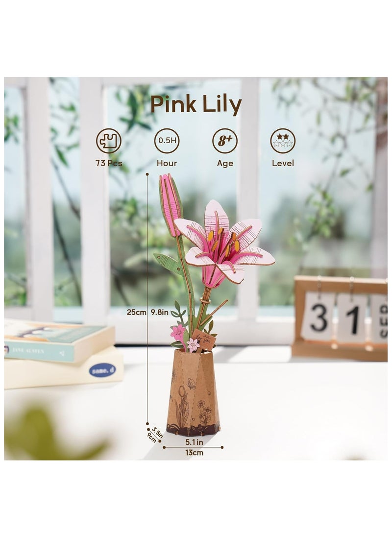 Robotime Rowood DIY Wooden Flower Pink Lily TW071 Premium 3D Puzzle Building Kits for Adults & Teens - Decorative Home Décor, Ramadan & Holiday Gift (Eid and Birthday) for Puzzle Enthusiasts, Stress Relief STEM Project  - Image 3