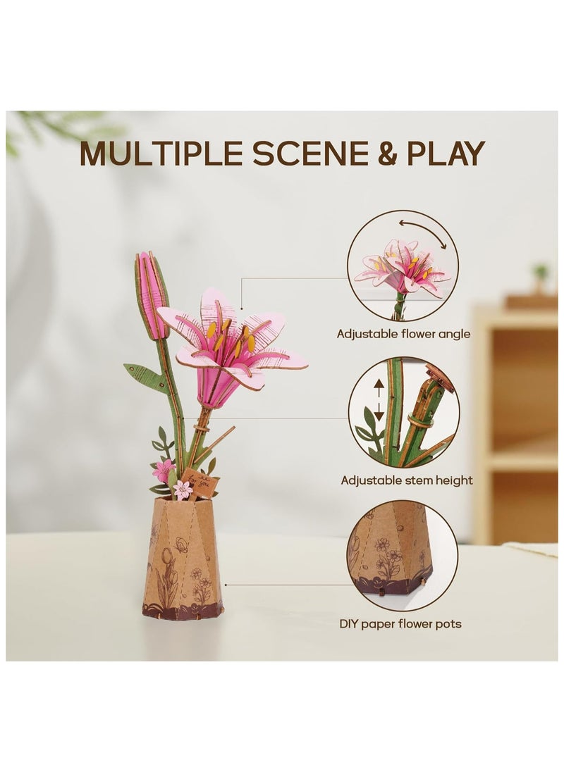 Robotime Rowood DIY Wooden Flower Pink Lily TW071 Premium 3D Puzzle Building Kits for Adults & Teens - Decorative Home Décor, Ramadan & Holiday Gift (Eid and Birthday) for Puzzle Enthusiasts, Stress Relief STEM Project  - Image 4
