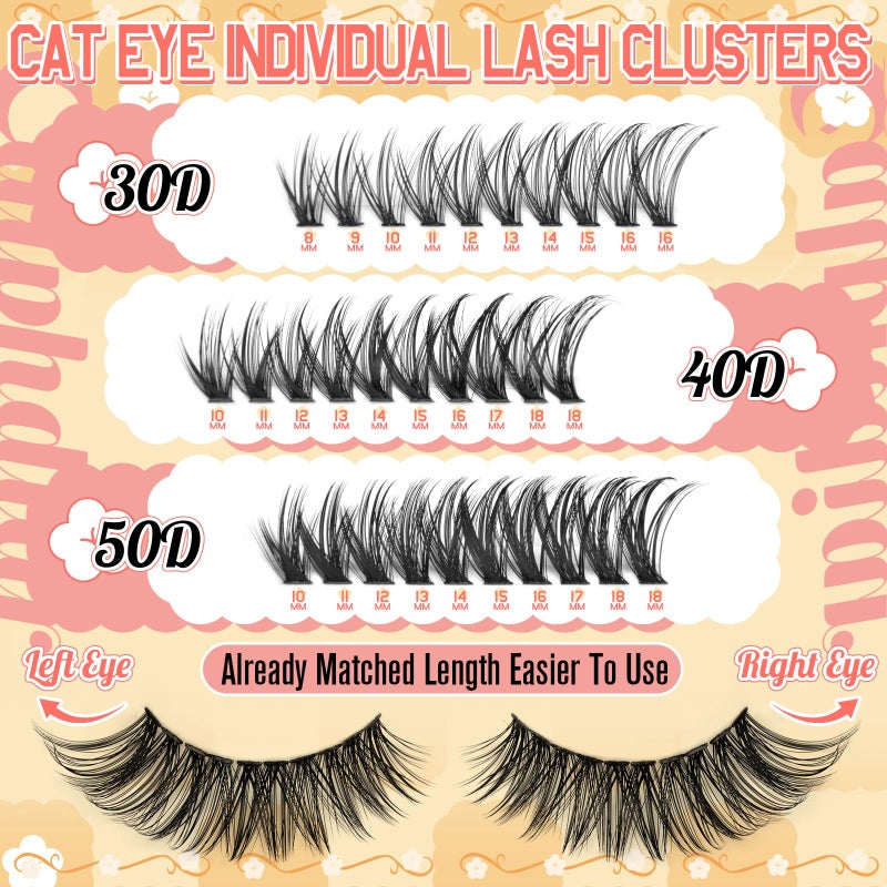 calphdiar Cat Eye Lash Clusters Wispy Eyelash Clusters 30D+40D+50D Individual Lashes 400pcs Light & Right Cluster Eyelash Extensions D-curly Lash Extension 8-18mm Natural Lashes Clusters for Beginners - Image 3