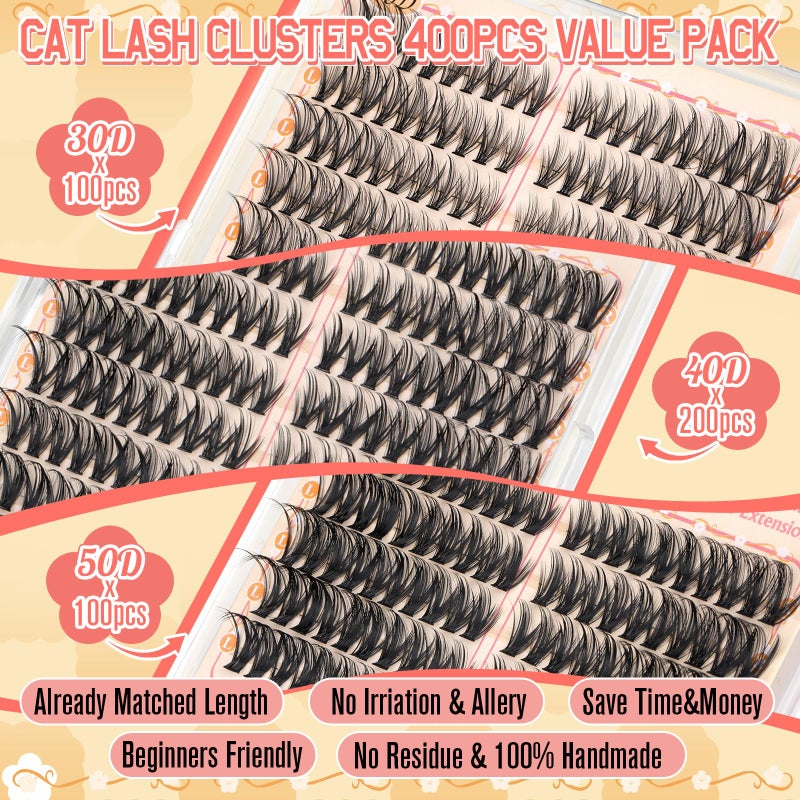 calphdiar Cat Eye Lash Clusters Wispy Eyelash Clusters 30D+40D+50D Individual Lashes 400pcs Light & Right Cluster Eyelash Extensions D-curly Lash Extension 8-18mm Natural Lashes Clusters for Beginners - Image 5