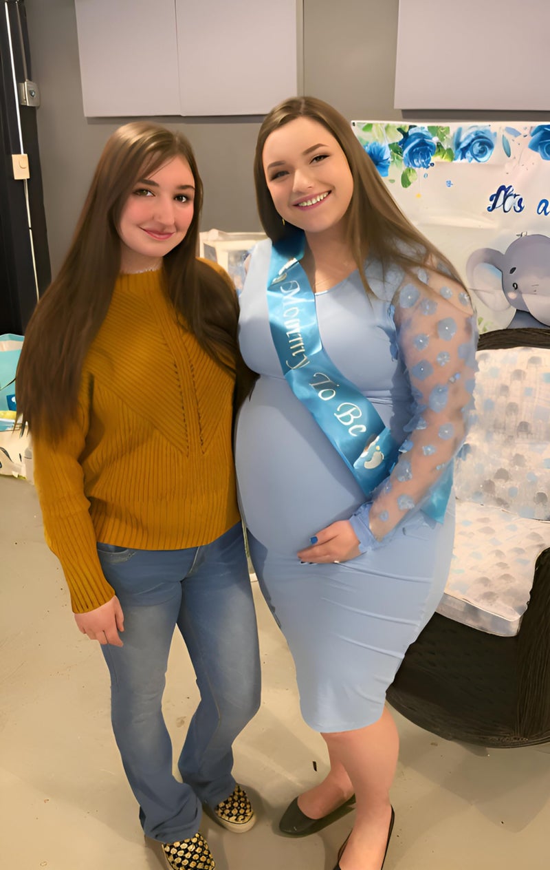 LAHILO Floral Mesh Bishop Long Sleeve Maternity Midi Dress, Fall Maternity Bodycon Dress for Baby Shower Blue - Image 3