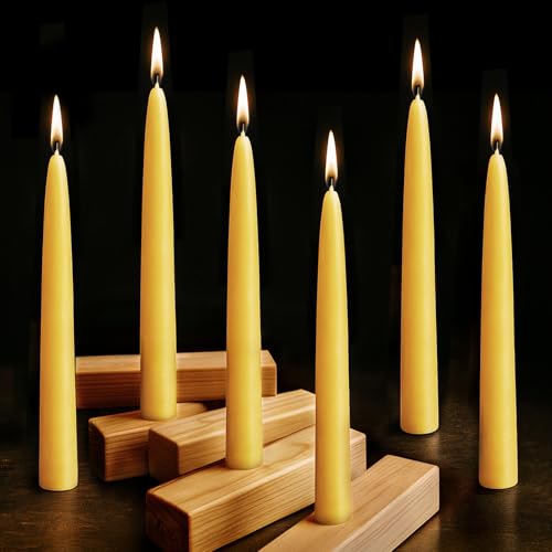Ashlux 12 Pack Beeswax Taper Candles 8 Inch Natural Beeswax Candles Unscented and Smokeless 8 Hours Long Burning Yellow Candle Sticks for Dinner Wedding Party and Home Decor
