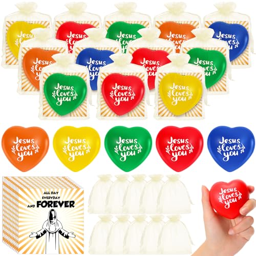 Arrowbash 30 Set Jesus Loves You Gifts Christian Heart Stress Balls Bulk with Card 248 Mothers Day Heart Shaped Stress Relief Fidget Ball Toy for First Communion Baptism Religious Party Favor - Image 1