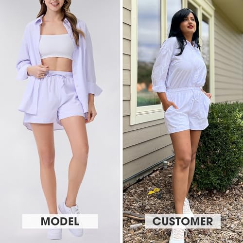EXLURA Women's Cotton Summer 2 Piece Sets Long Sleeve Button Down Shirts Matching Short Sets Beach Vacation Cruise Outfits - Image 2