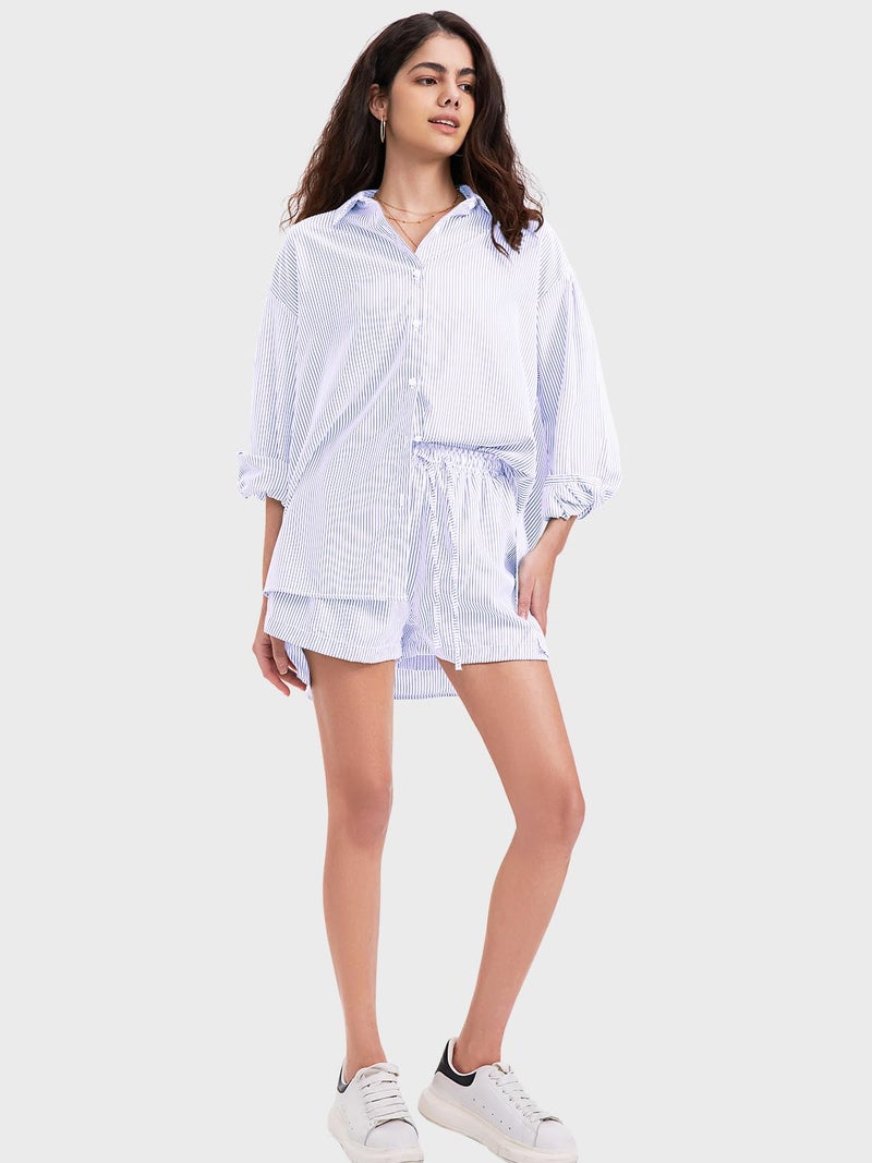EXLURA Women's Cotton Summer 2 Piece Sets Long Sleeve Button Down Shirts Matching Short Sets Beach Vacation Cruise Outfits - Image 5