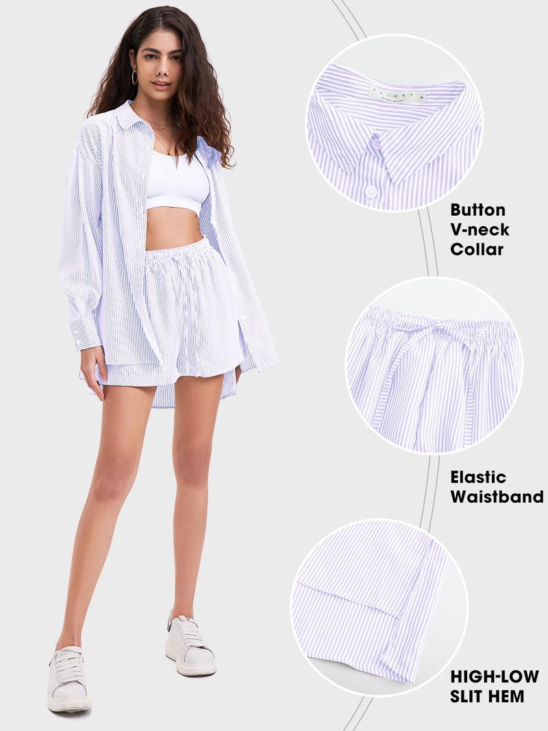 EXLURA Women's Cotton Summer 2 Piece Sets Long Sleeve Button Down Shirts Matching Short Sets Beach Vacation Cruise Outfits - Image 3