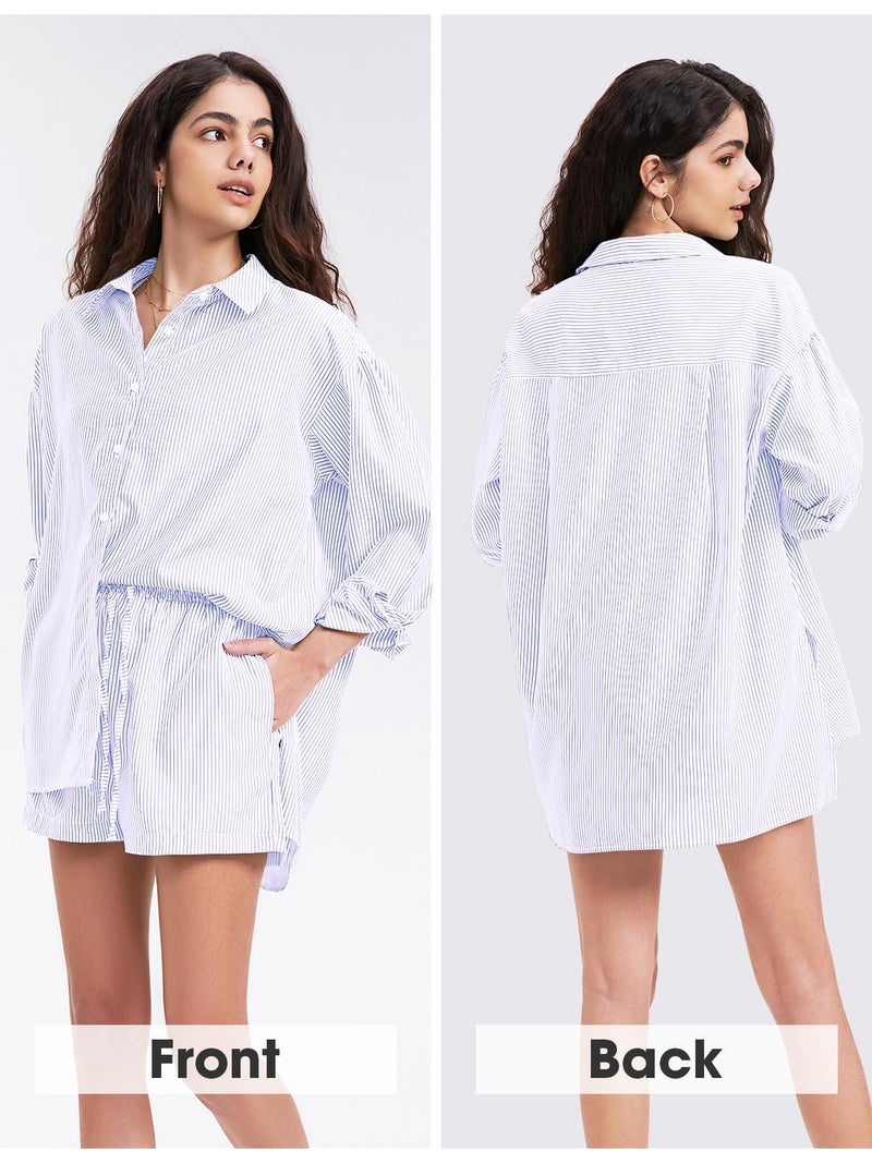 EXLURA Women's Cotton Summer 2 Piece Sets Long Sleeve Button Down Shirts Matching Short Sets Beach Vacation Cruise Outfits - Image 4