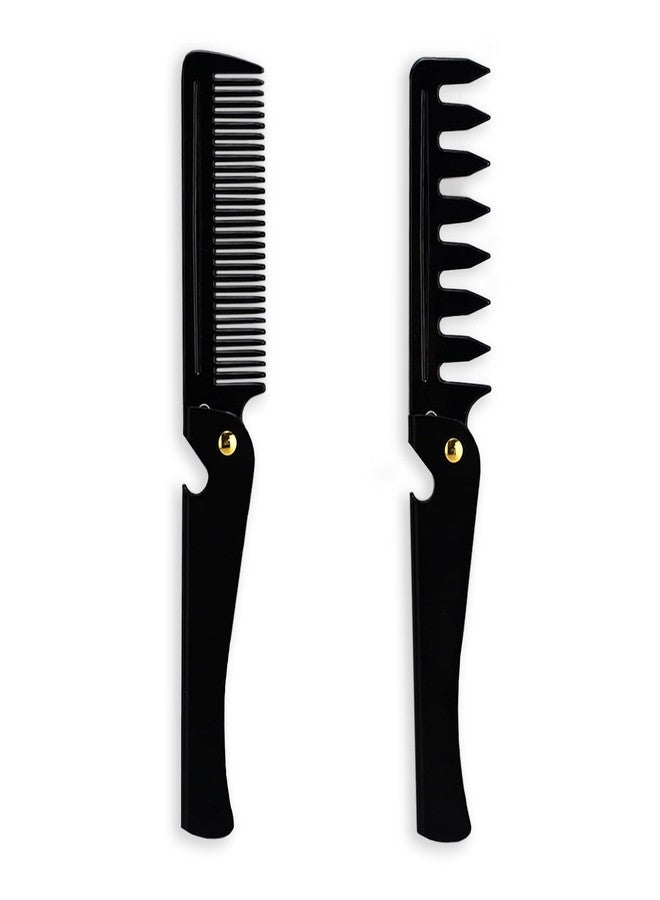 Realand 2Pcs Folding Pocket Beard Comb for Men - Fine Tooth & Wide Tooth Hair Comb with Stainless Steel Cover, Small Travel Comb for Styling Hair, Beard or Mustache - Image 1
