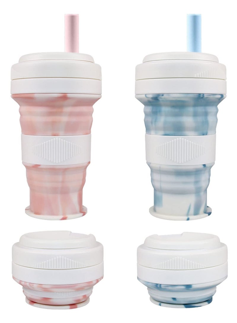 SOLARAE 2 Piece Collapsible Travel Mug, 550ml Expandable Silicone Scald Proof Mug with 2 Straws Portable Marbled Coffee Mug for Outdoor Sports Travel - Image 1