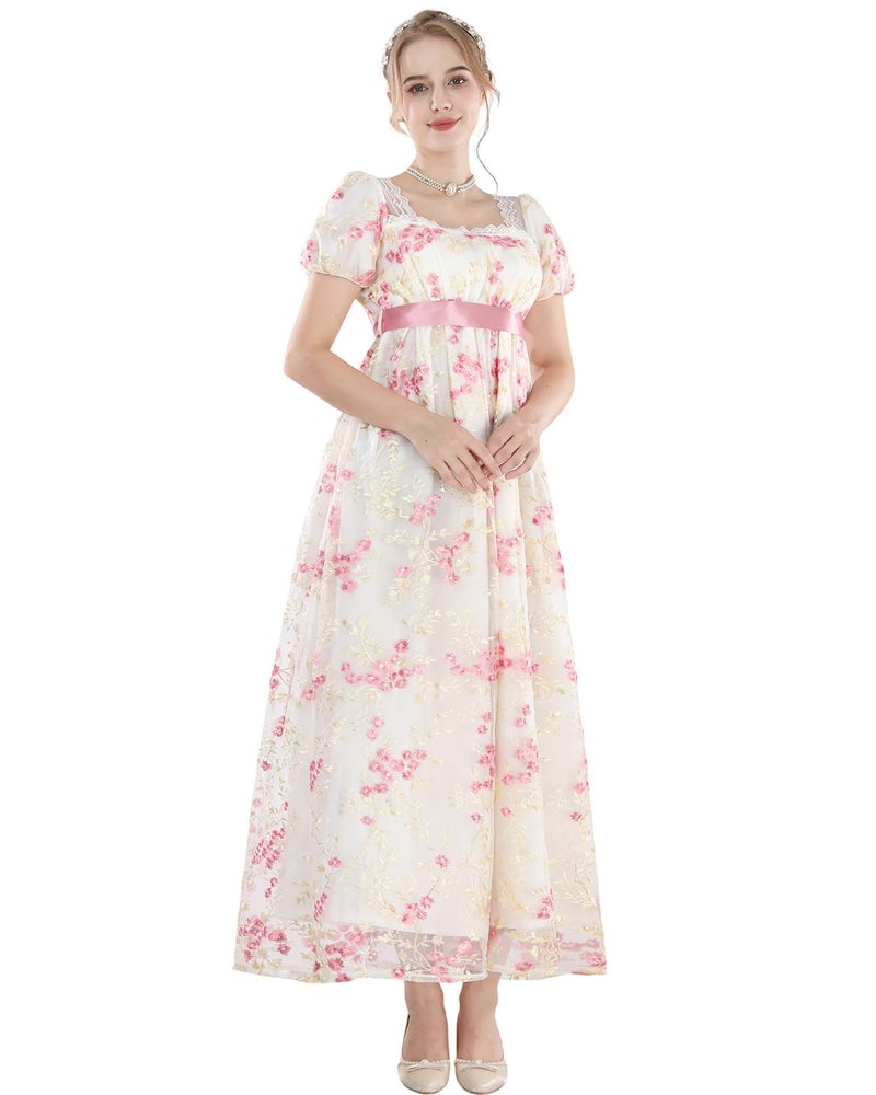 FCCAM FCCAM FCCAM Regency Dresses for Women Puffy Sleeves Victorian Dress Costume Empire Waist Regency Ball Gown Pink M - Image 2