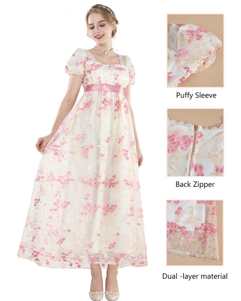 FCCAM FCCAM FCCAM Regency Dresses for Women Puffy Sleeves Victorian Dress Costume Empire Waist Regency Ball Gown Pink M - Image 4