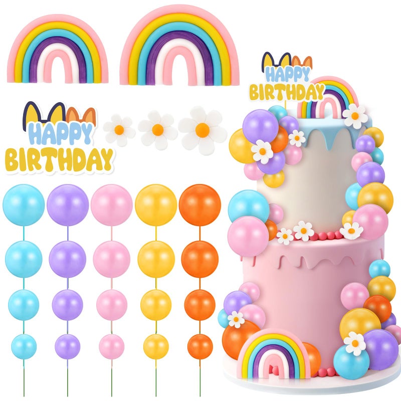 ProSuites 63 Pcs Cake Toppers with Balls Daisy Rainbow Cake Topper Blue Cake Topper Pastel Cupcake Toppers Cake Decorations for Birthday Wedding Groovy Party Supplies - Image 2