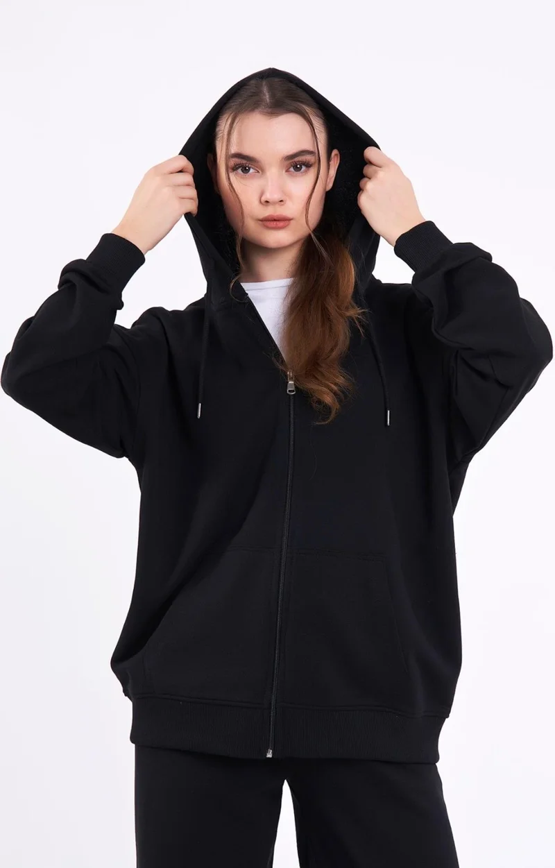 mmetalic Black Kangaroo Pocket Hooded Zipper Oversize Women's Sweatshirt