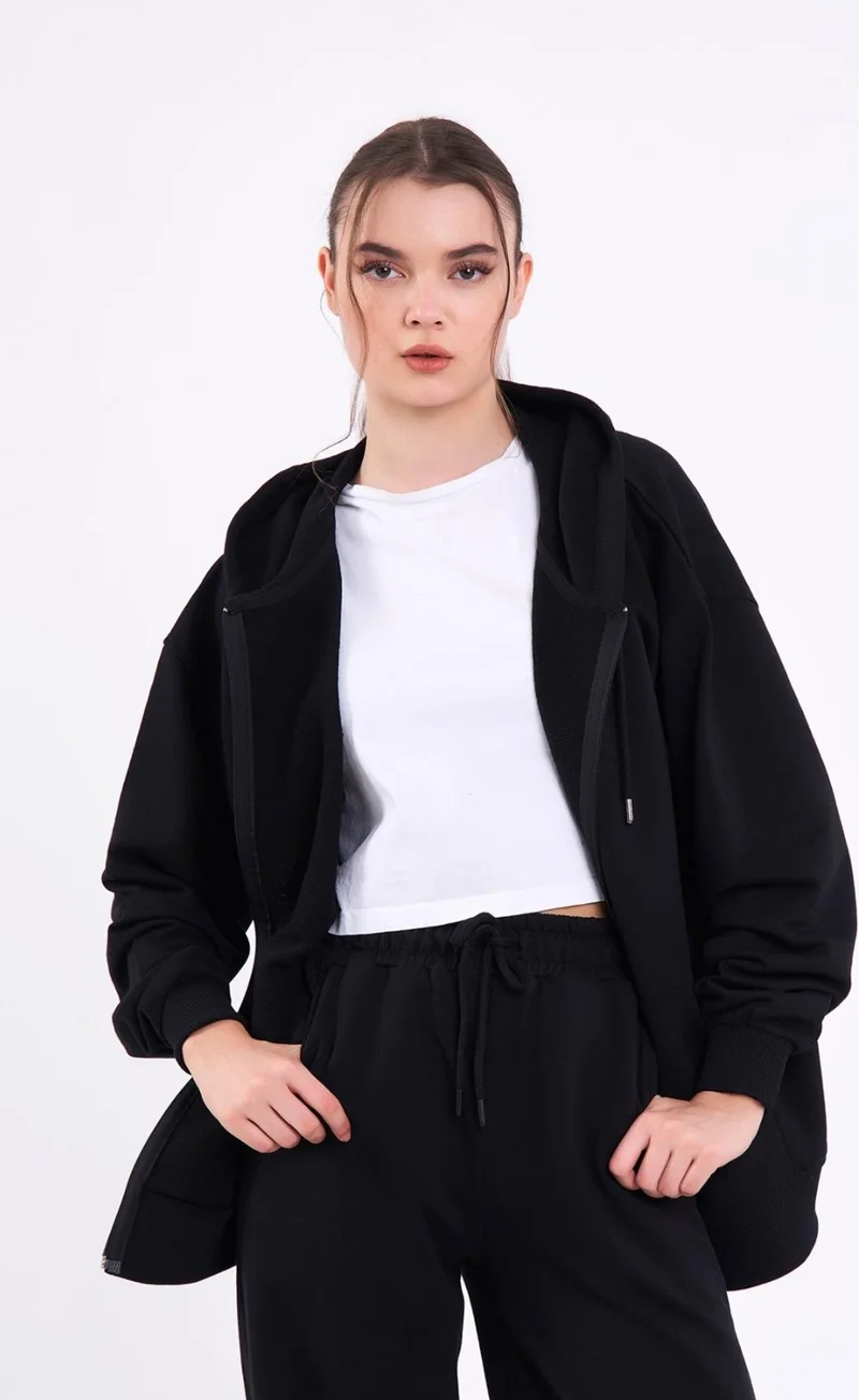 mmetalic Black Kangaroo Pocket Hooded Zipper Oversize Women's Sweatshirt