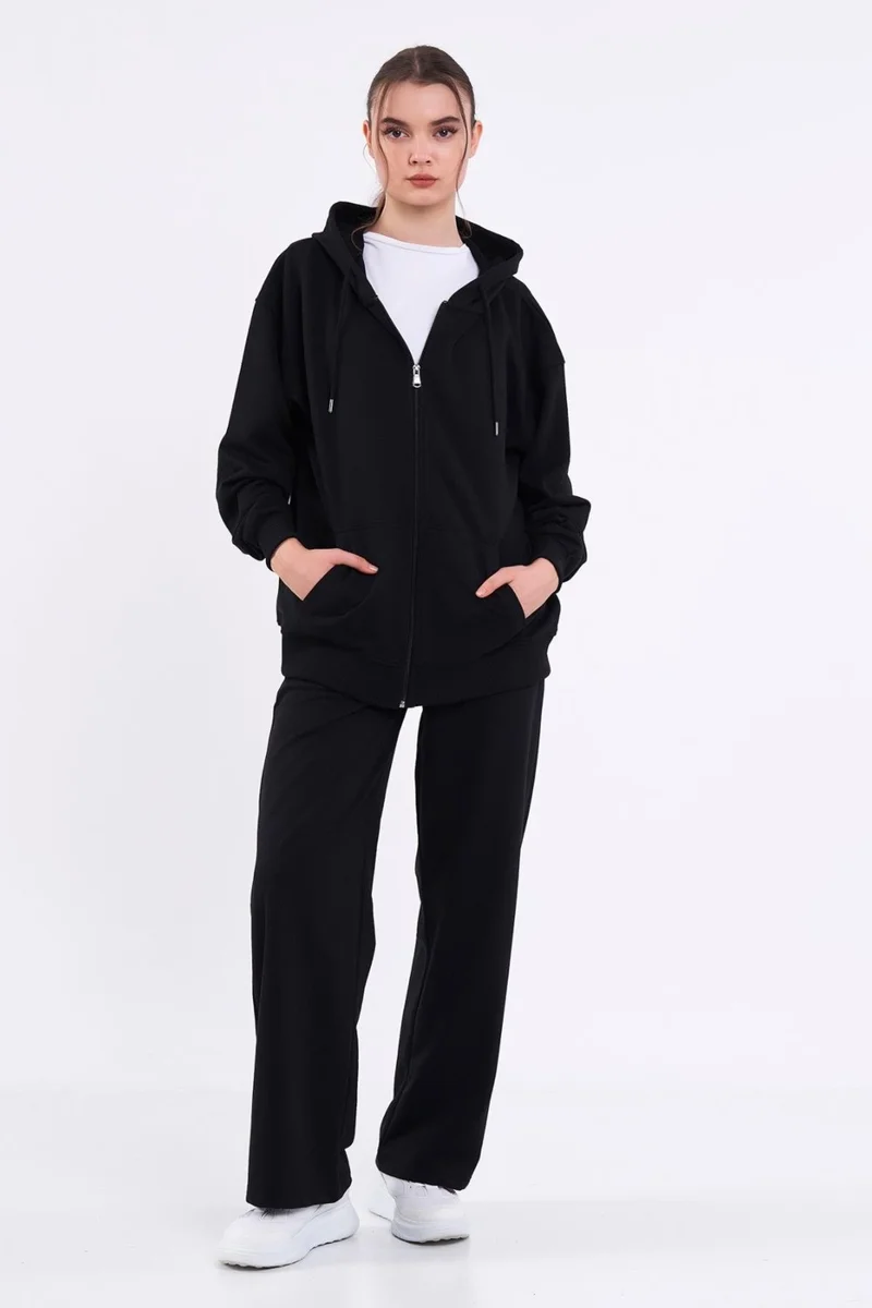 mmetalic Black Kangaroo Pocket Hooded Zipper Oversize Women's Sweatshirt