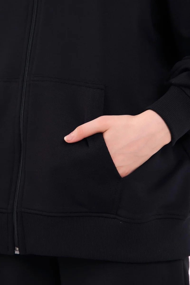 mmetalic Black Kangaroo Pocket Hooded Zipper Oversize Women's Sweatshirt