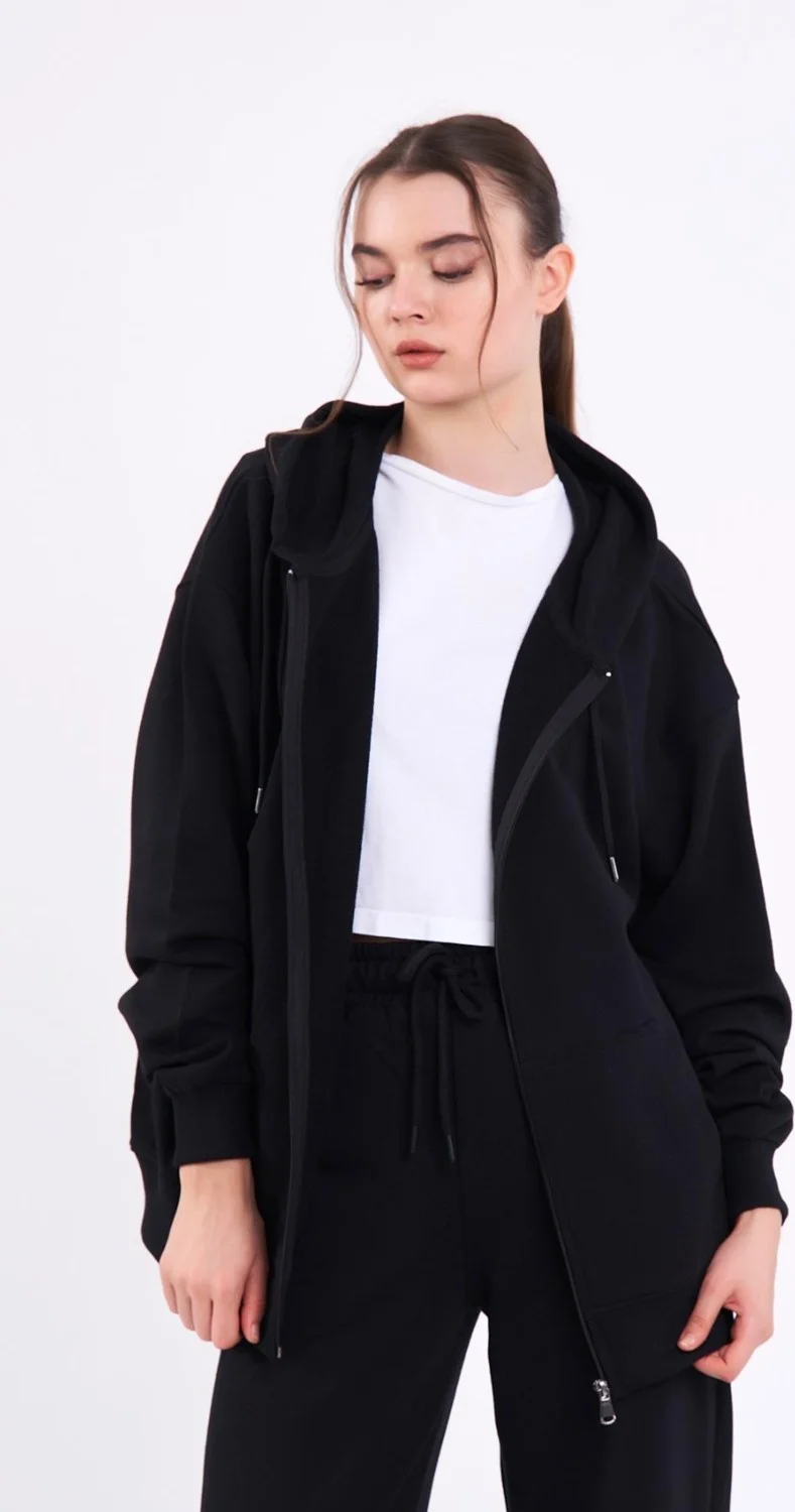 mmetalic Black Kangaroo Pocket Hooded Zipper Oversize Women's Sweatshirt