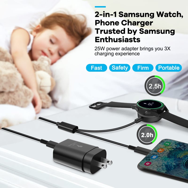 DuoCaiBao 25W USB C Charger, 2 in 1 Watch Charger Compatible for Samsung Galaxy Watch 7/FE/6/6 Classic/5 Pro/5/4/3/Active2/1 and Galaxy S25/S24/S23/S22/21/20 Note20/10/Z Fold 6(4.9 ft) - Image 2