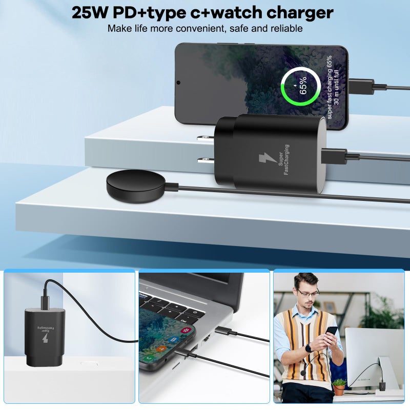 DuoCaiBao 25W USB C Charger, 2 in 1 Watch Charger Compatible for Samsung Galaxy Watch 7/FE/6/6 Classic/5 Pro/5/4/3/Active2/1 and Galaxy S25/S24/S23/S22/21/20 Note20/10/Z Fold 6(4.9 ft) - Image 5