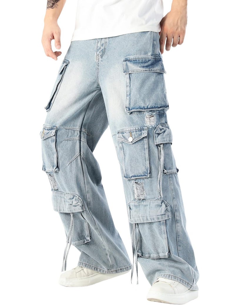 Rexcyril Men's Baggy Cargo Jeans Ripped Distressed Hip Hop Wide Leg Loose Fit Multi-Pockets Denim Pants, Blue, 30 - Image 1
