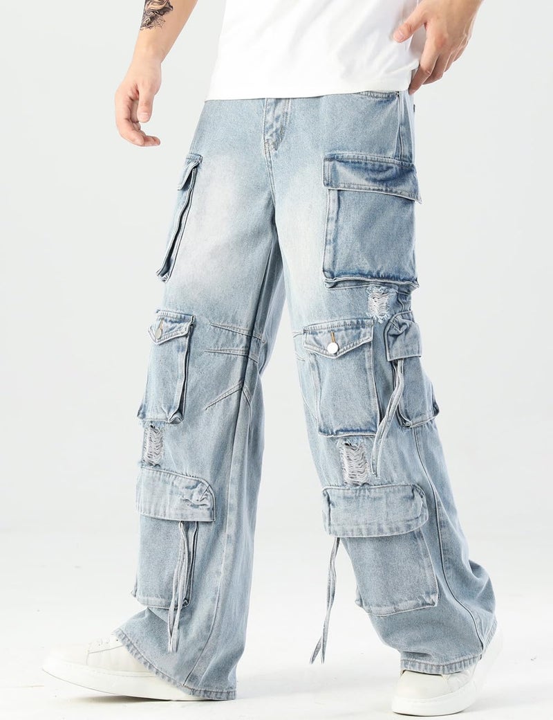Rexcyril Men's Baggy Cargo Jeans Ripped Distressed Hip Hop Wide Leg Loose Fit Multi-Pockets Denim Pants, Blue, 30 - Image 2