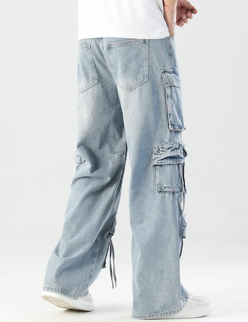 Rexcyril Men's Baggy Cargo Jeans Ripped Distressed Hip Hop Wide Leg Loose Fit Multi-Pockets Denim Pants, Blue, 30 - Image 5