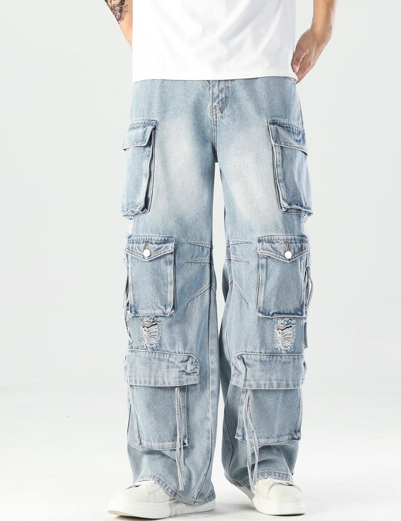 Rexcyril Men's Baggy Cargo Jeans Ripped Distressed Hip Hop Wide Leg Loose Fit Multi-Pockets Denim Pants, Blue, 30 - Image 4