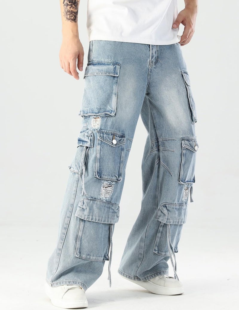 Rexcyril Men's Baggy Cargo Jeans Ripped Distressed Hip Hop Wide Leg Loose Fit Multi-Pockets Denim Pants, Blue, 30 - Image 3