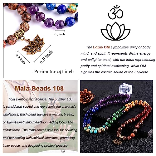 Bivei 7 Chakra 108 Mala Beads Bracelet Real Gemstone Yoga Meditation Hand Knotted Mala Prayer Bead Necklace(Lotus OM-8mm beads) - Image 4