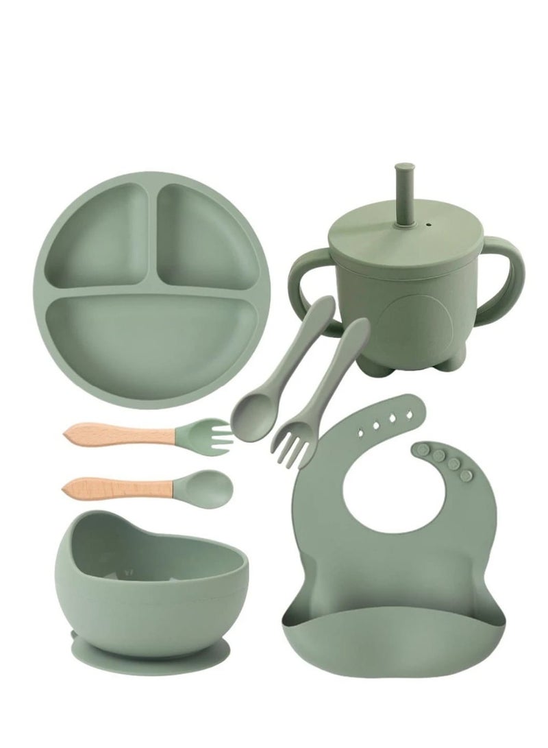 Safe silicone children's cutlery set – divided plate, cup with straw, suction bowl, bib, spoons, and fork